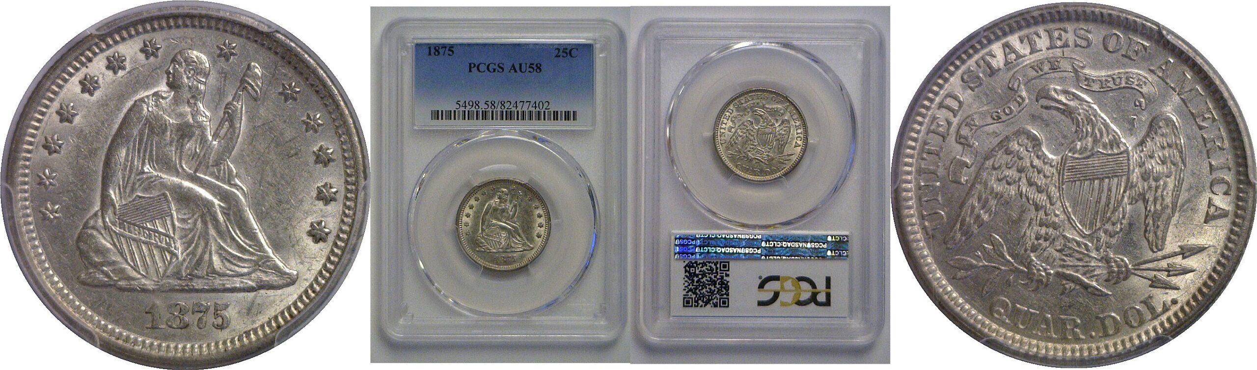1875 Seated Liberty Quarter   PCGS AU-58