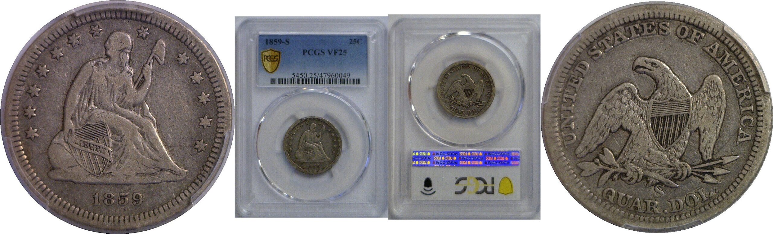 1859-S Seated Liberty Quarter   PCGS VF-25
