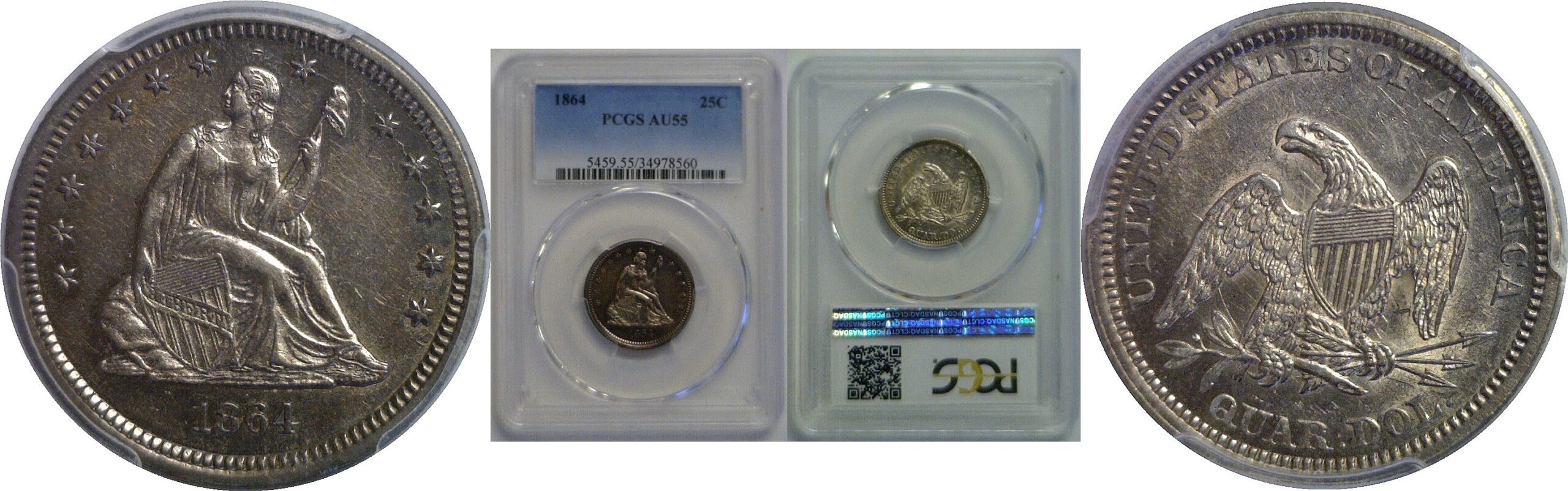 1864 Seated Liberty Quarter  PCGS AU-55