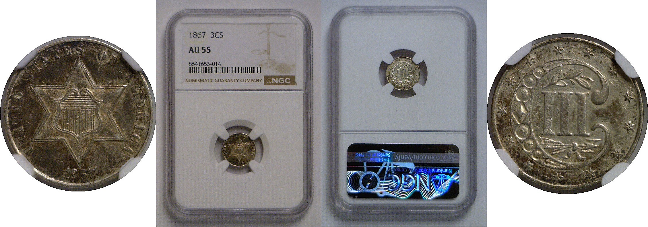 1867 Silver Three Cent   NGC AU-55