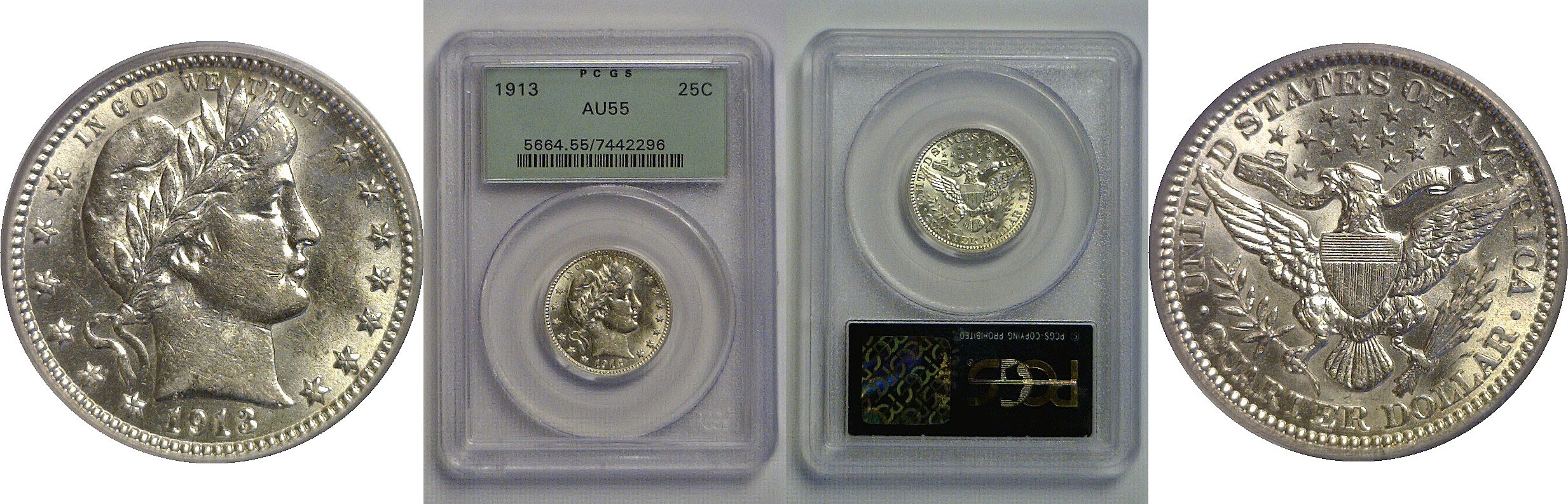 1913 Barber Quarter   PCGS AU-55