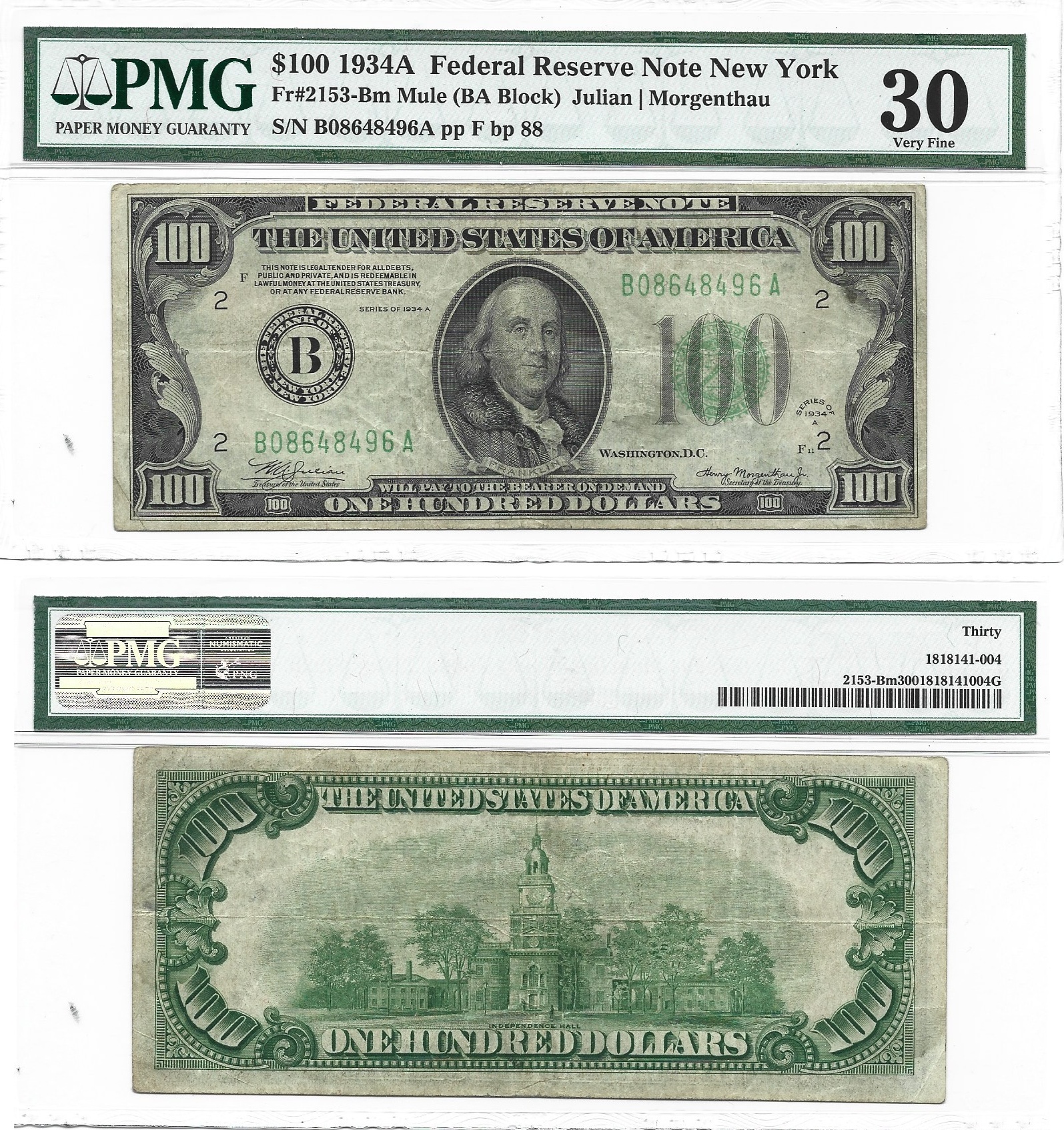 1934-A $100 Federal Reserve Note Fr-2153-B Mule PMG VF-30