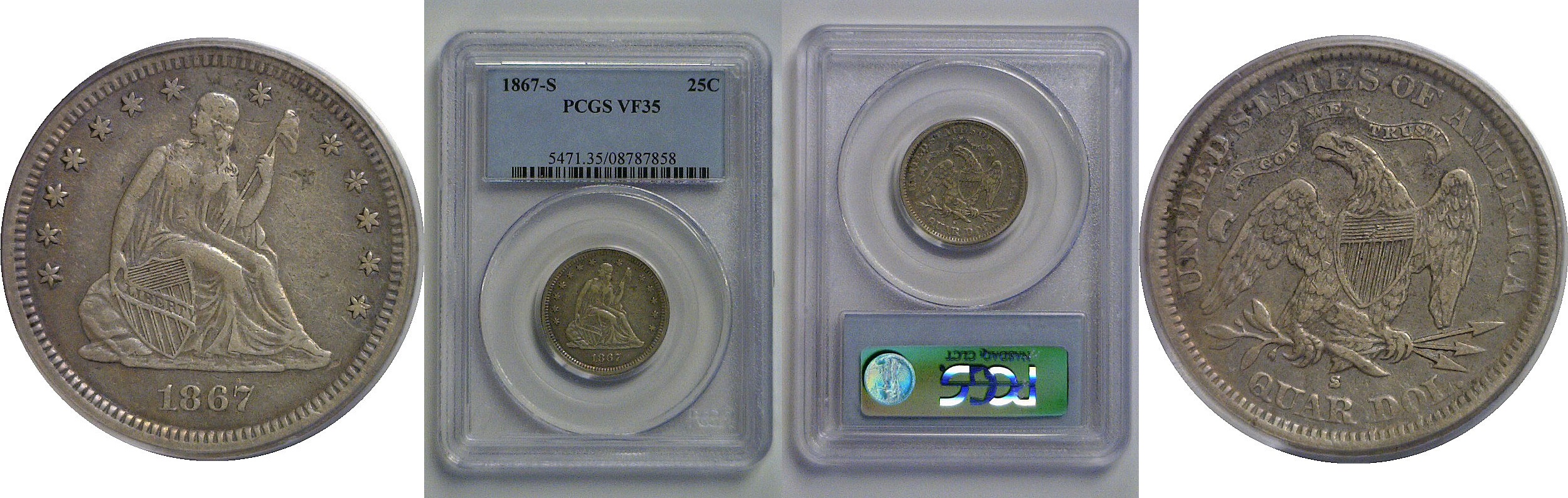 1867-S Seated Liberty Quarter   PCGS VF-35