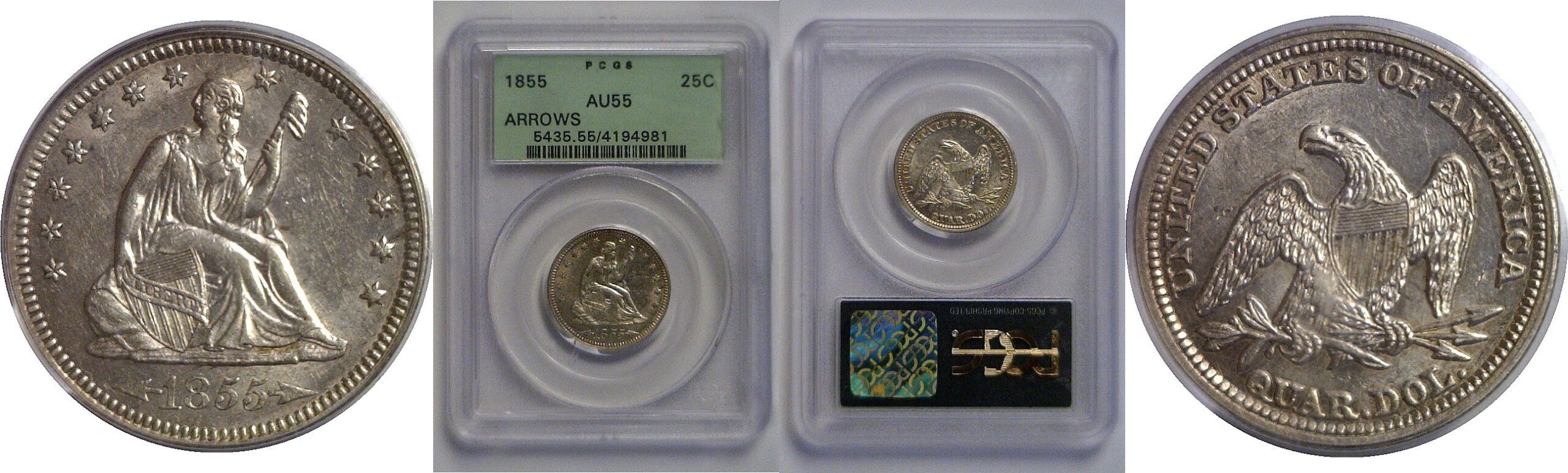 1855 Arrows  Seated Liberty Quarter   PCGS AU-55