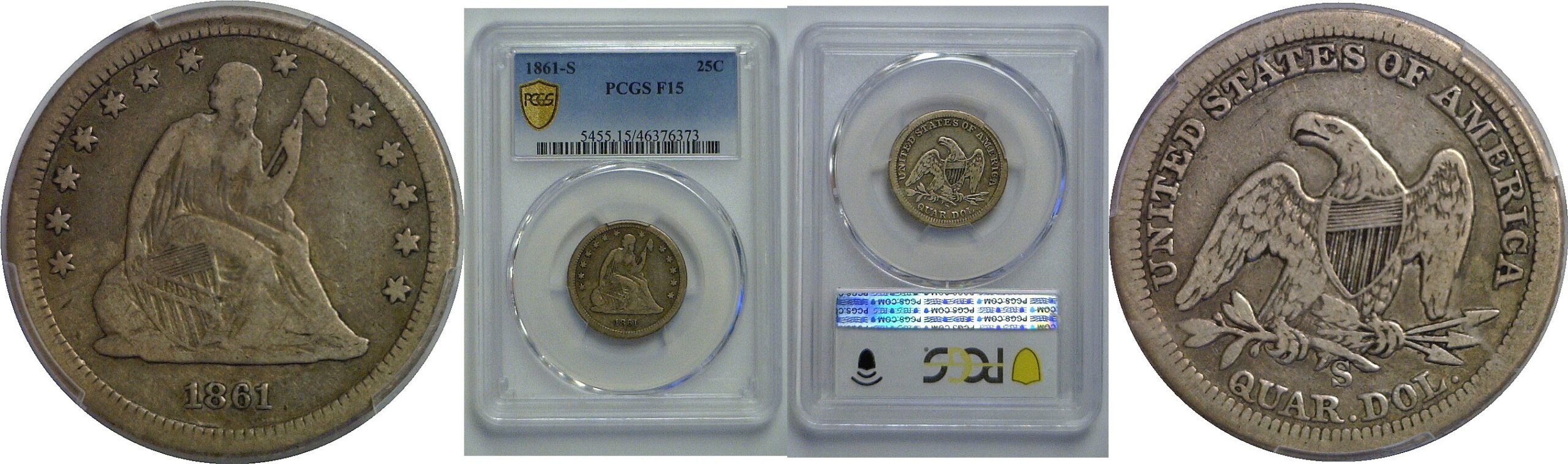 1861-S Seated Liberty Quarter   PCGS F-15