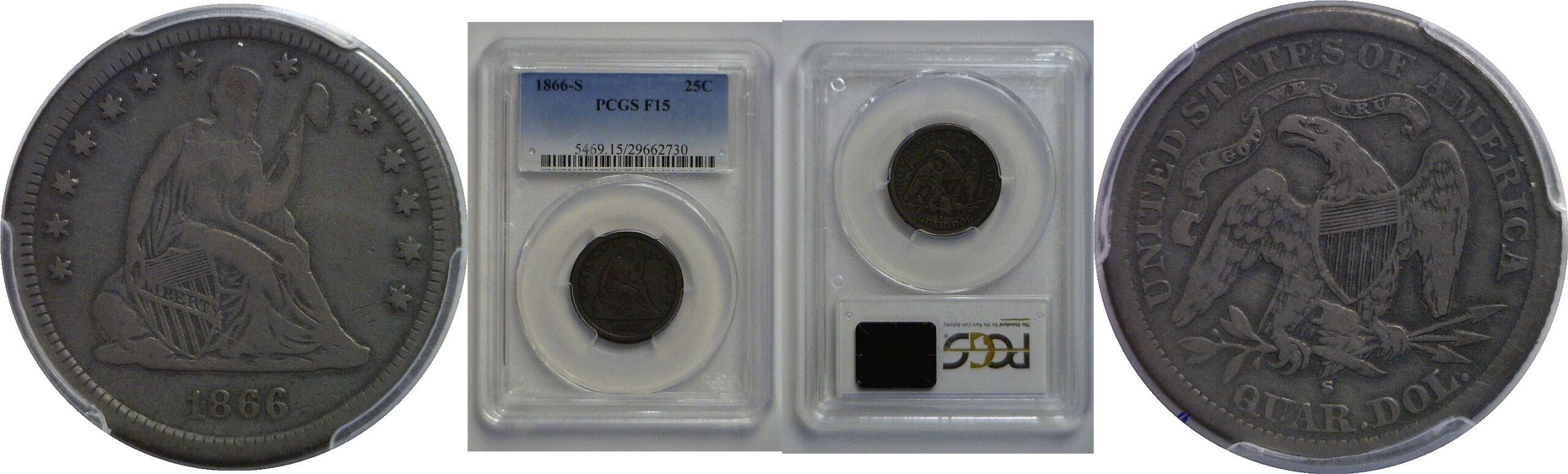 1866-S Seated Liberty Quarter   PCGS F-15
