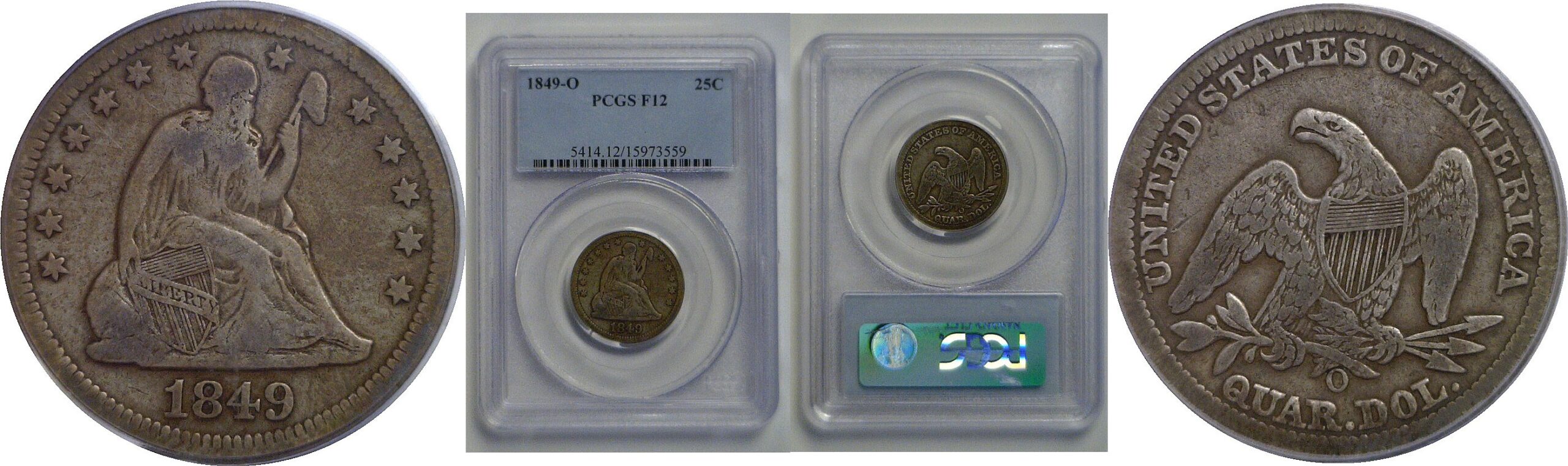 1849-O Seated Liberty Quarter   PCGS F-12