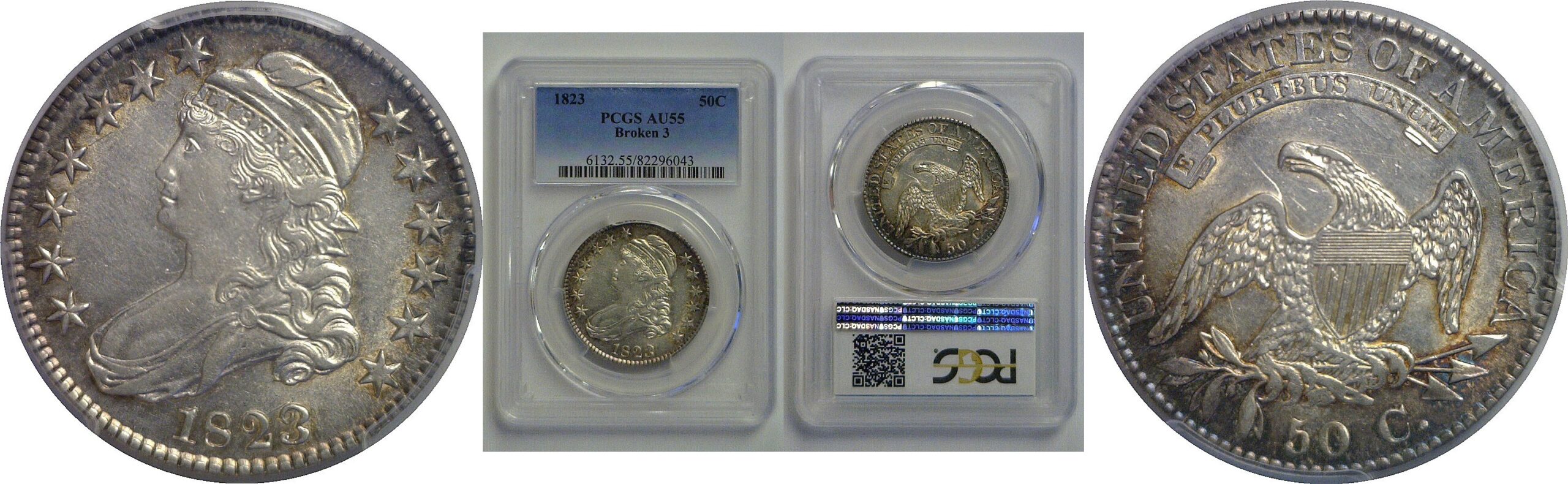 1823 Bust Half Dollar  Broken 3   PCGS AU-55