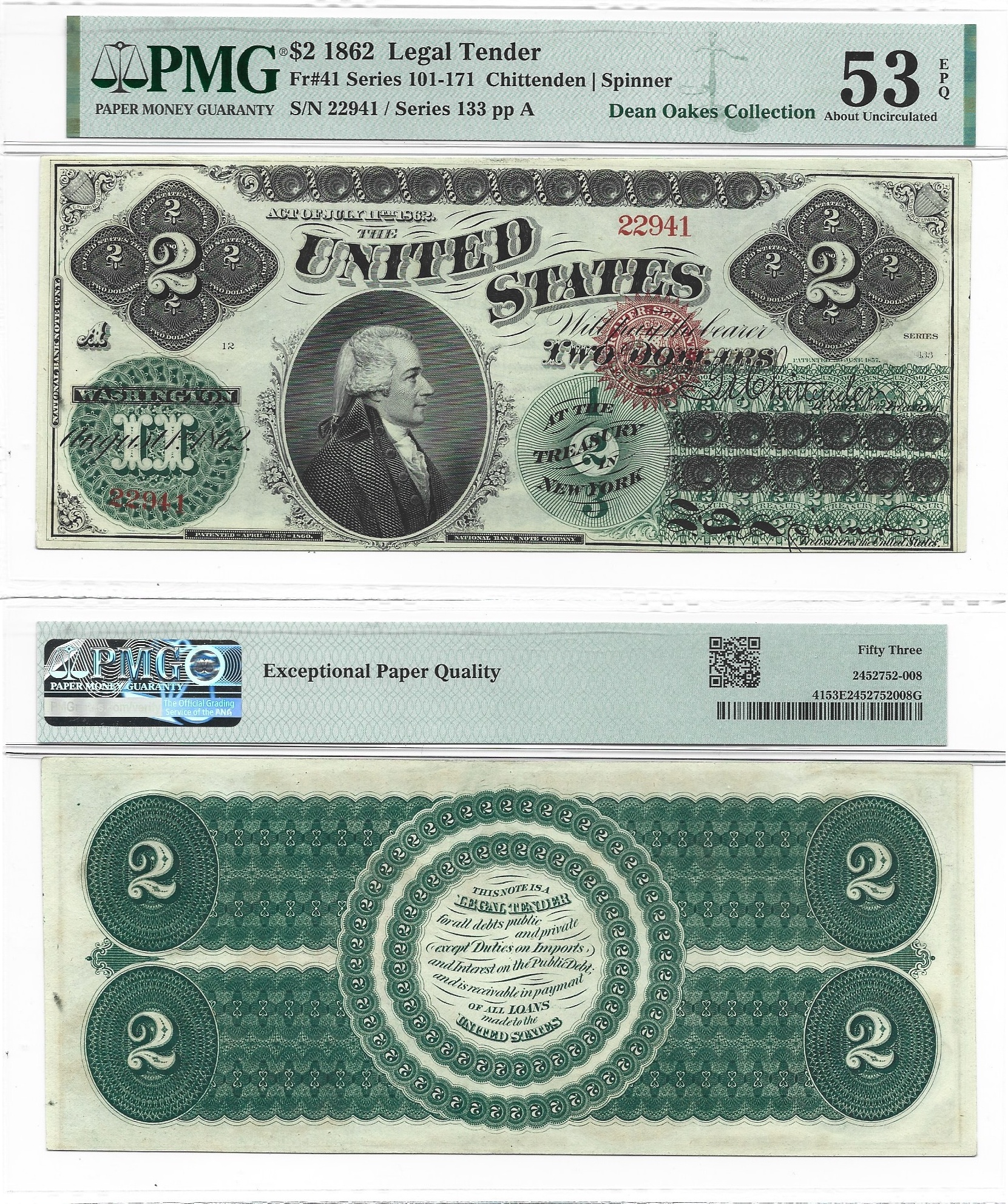 1862 $2 Legal Tender Note Fr-41 PMG AU-53 EPQ