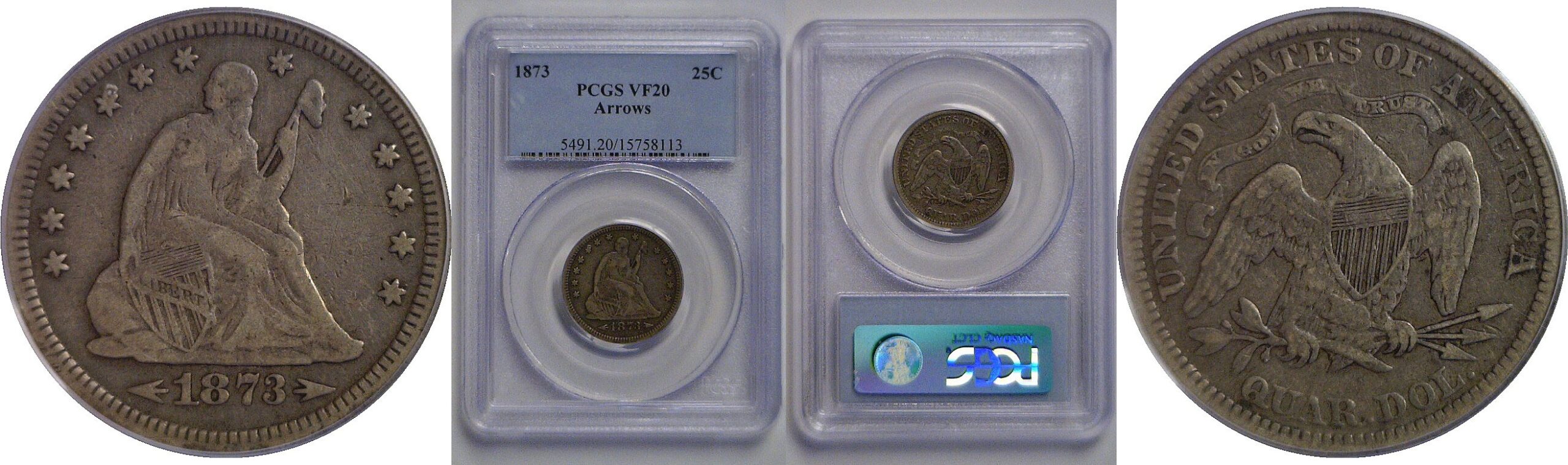 1873 Arrows  Seated Liberty Quarter   PCGS VF-20