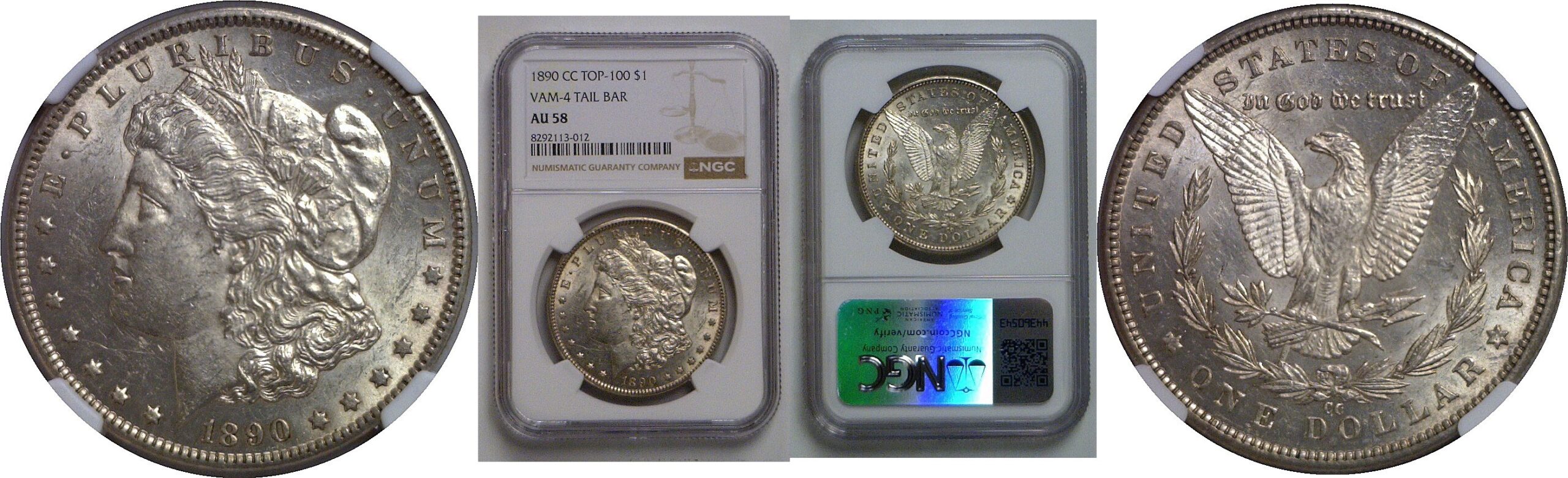 1890-CC Tail Bar   Morgan Dollar   NGC AU-58