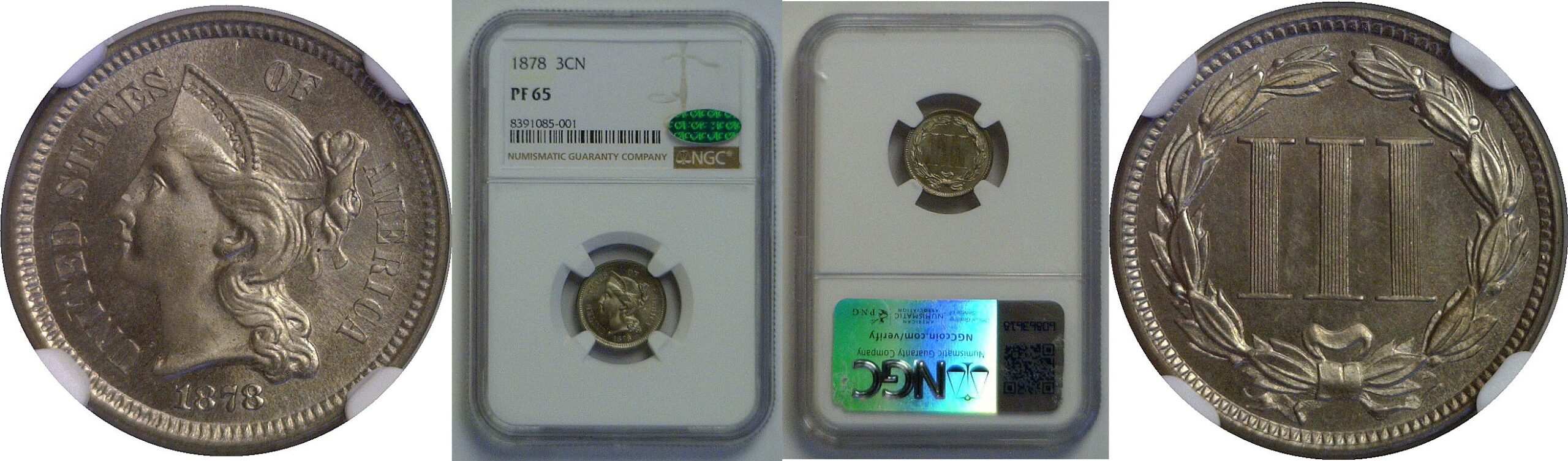 1878 Nickel Three Cent    NGC PF-65  CAC