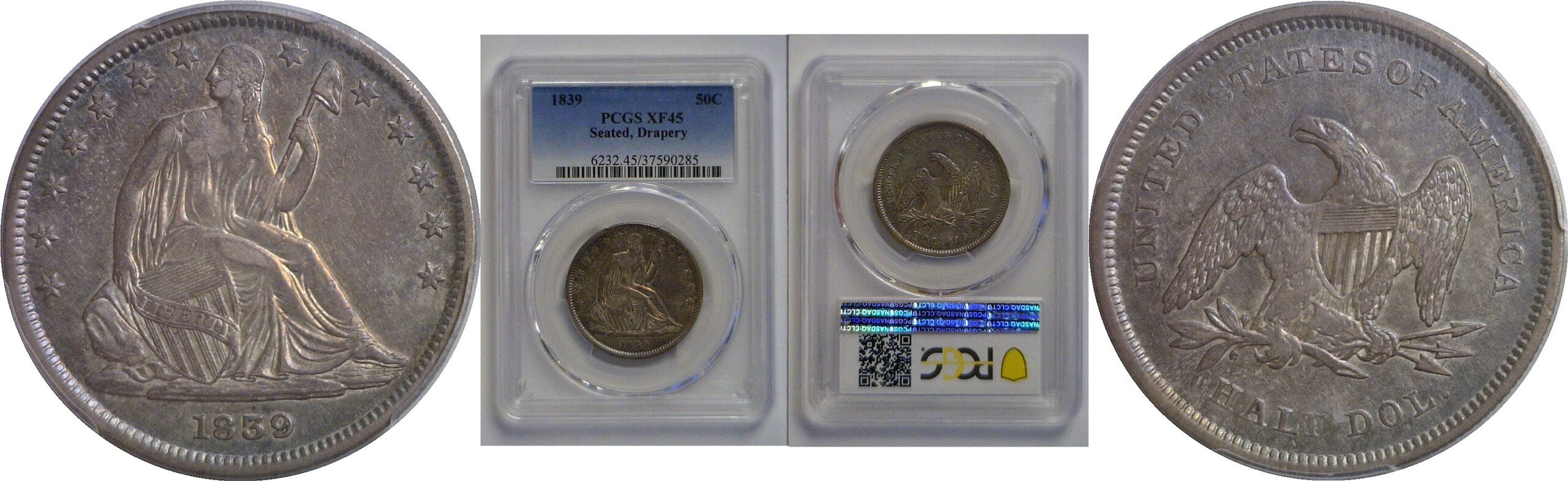 1839 Drapery   Seated Liberty Half Dollar    PCGS XF-45