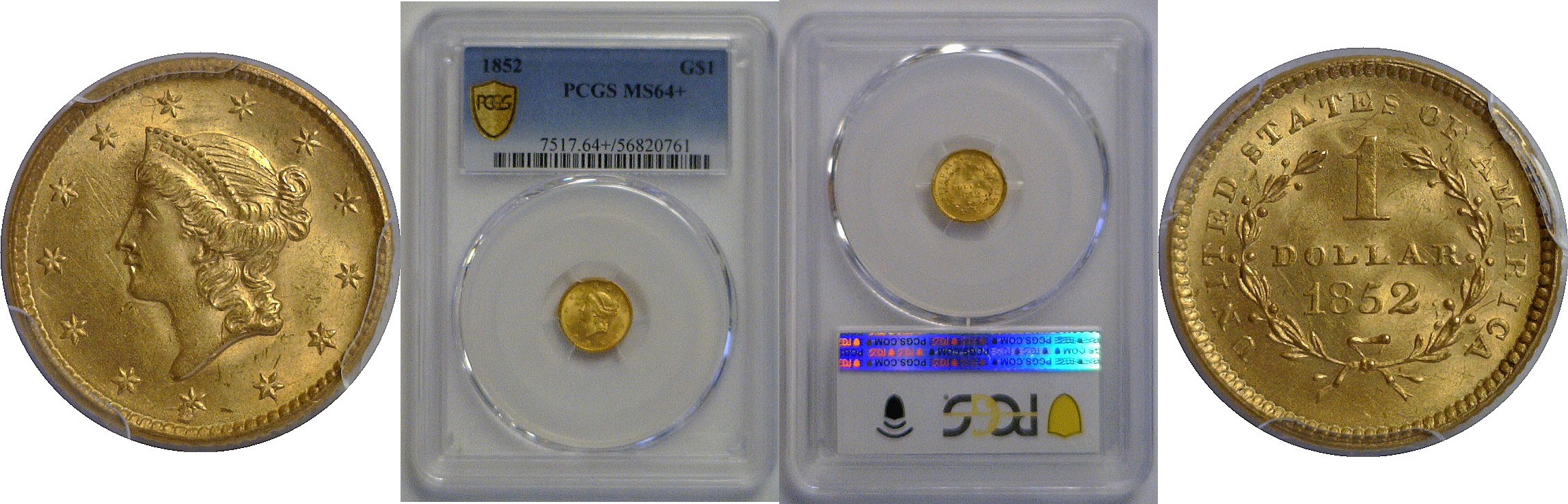 1852 One Dollar Gold Coin   PCGS MS-64+