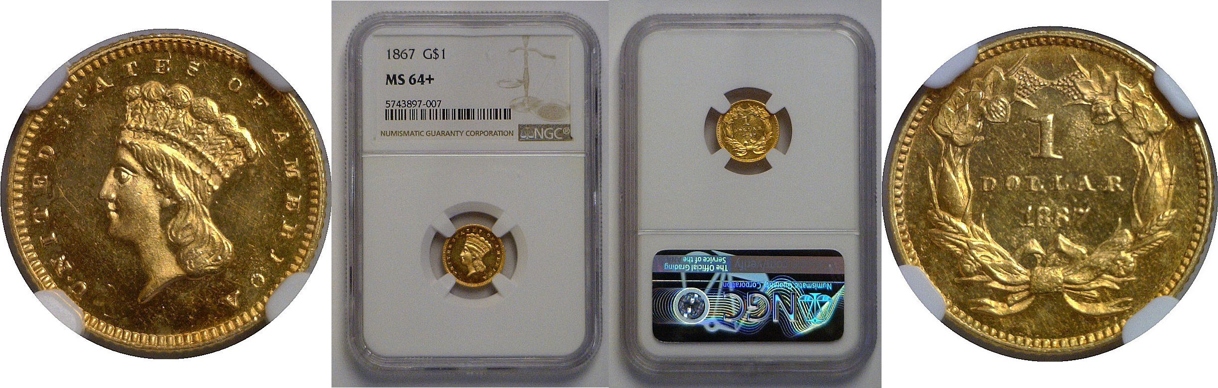 1867 One Dollar Gold Coin   NGC MS-64+