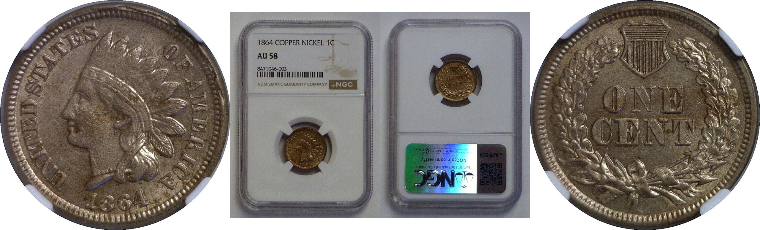 1864-C/N  Indian Head Cent    NGC AU-58
