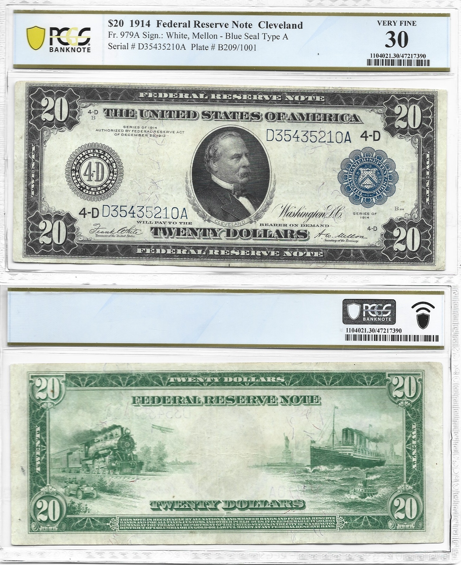1914 $20 Federal Reserve Note Fr-979a PCGS VF-30