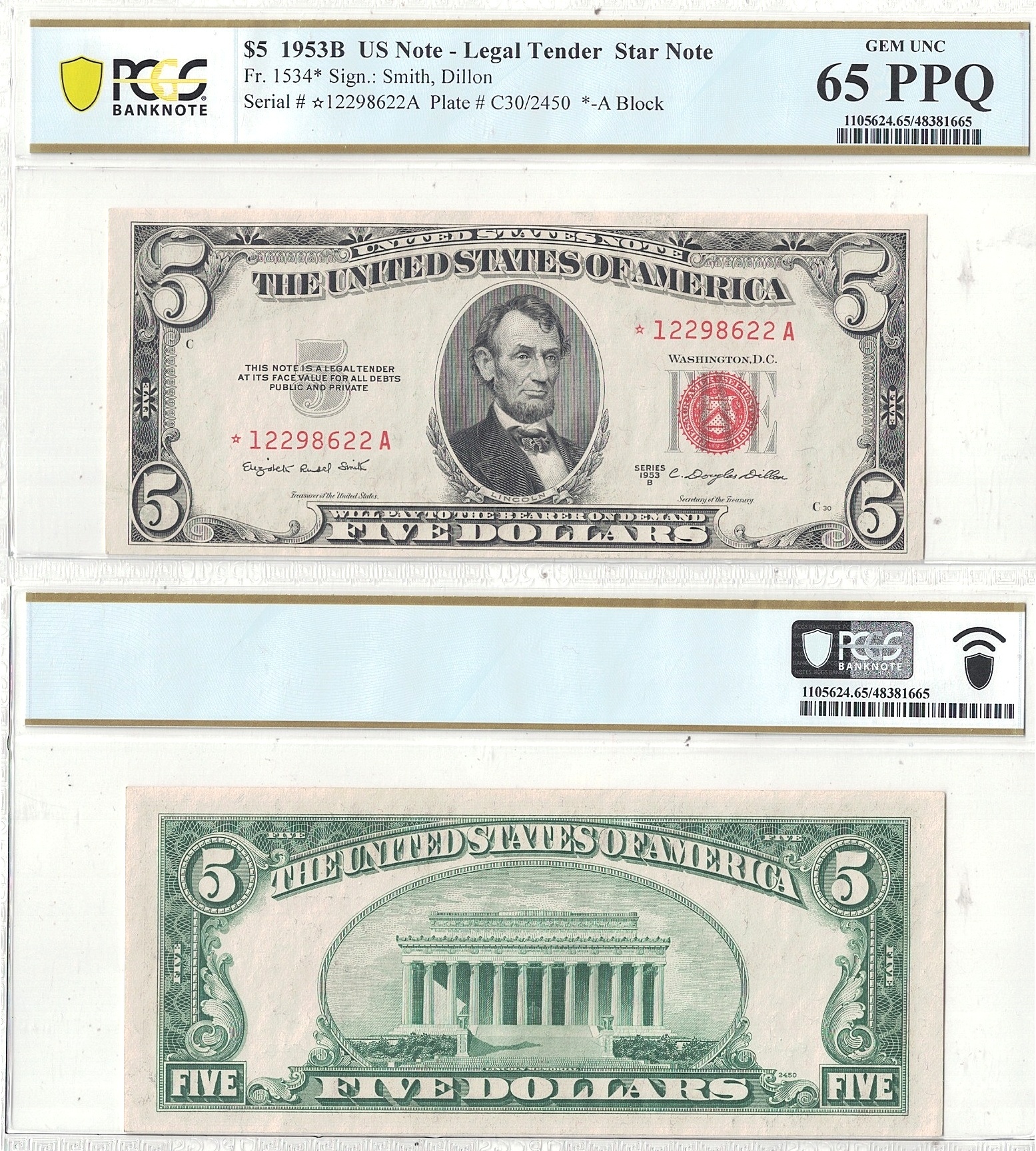 1953-B $5 Legal Tender Star Note Fr-1534* PCGS Gem CU-65 PPQ