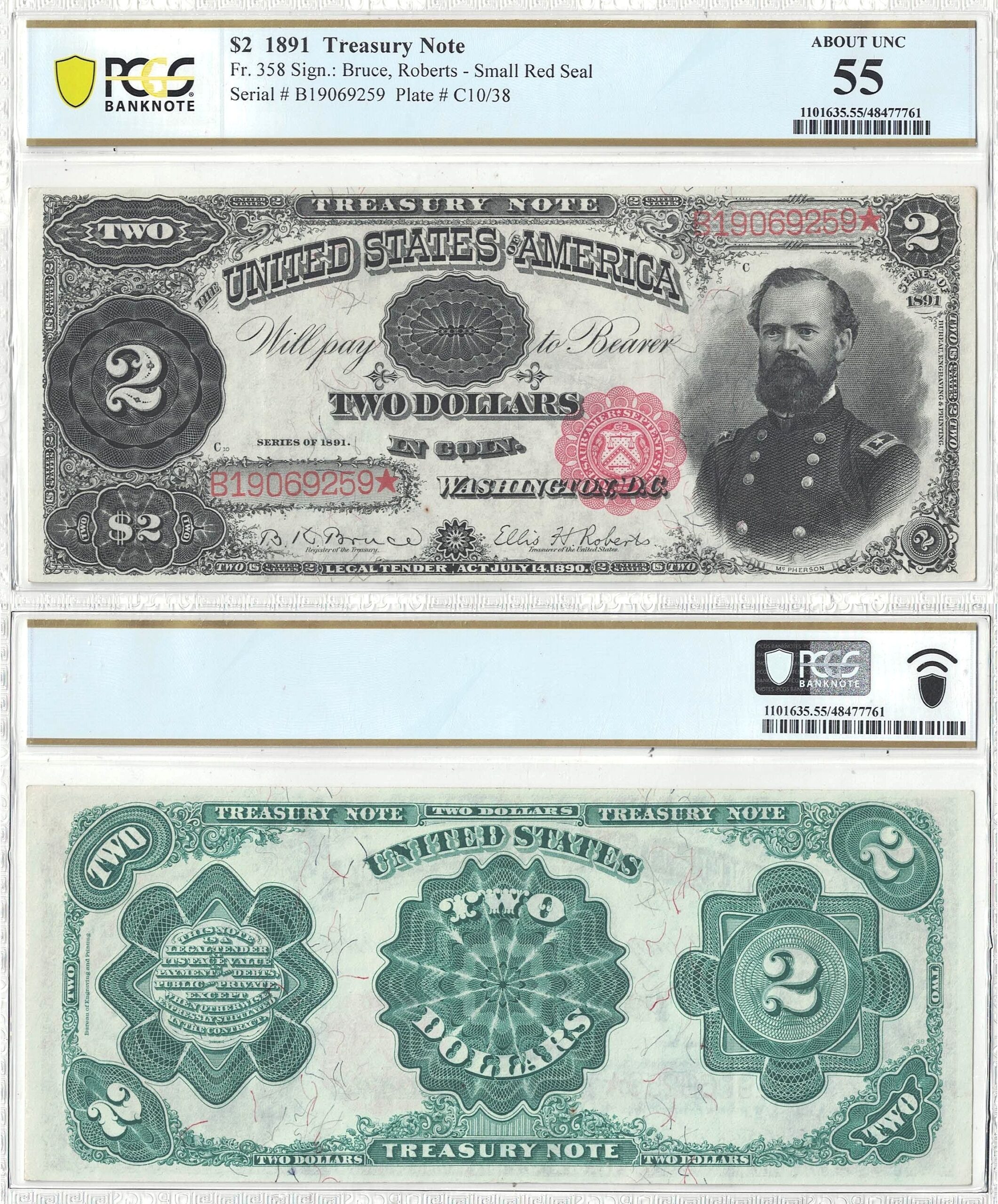 1891 $2 Treasury Note Fr-358 PCGS AU-55