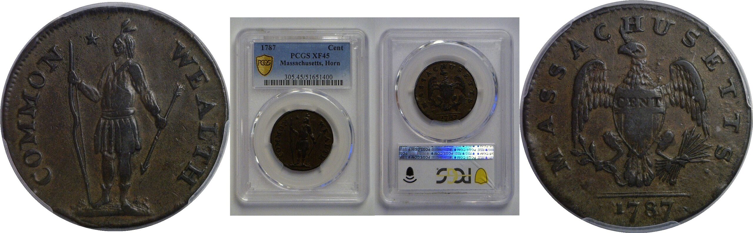 1787 Massachusetts Cent   Horn Variety   PCGS XF-45