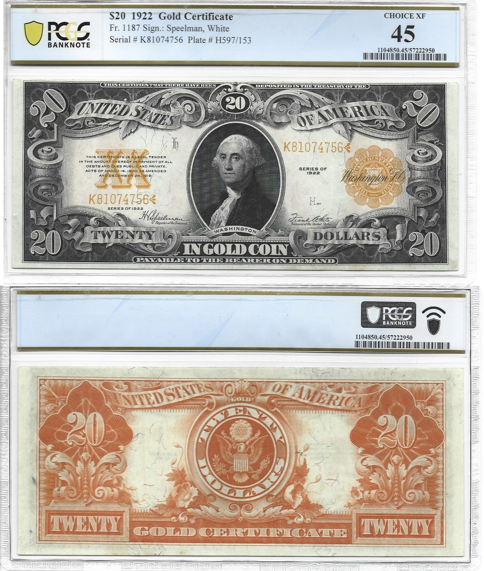 1922 $20 Gold Certificate Fr 1187 PCGS XF-45