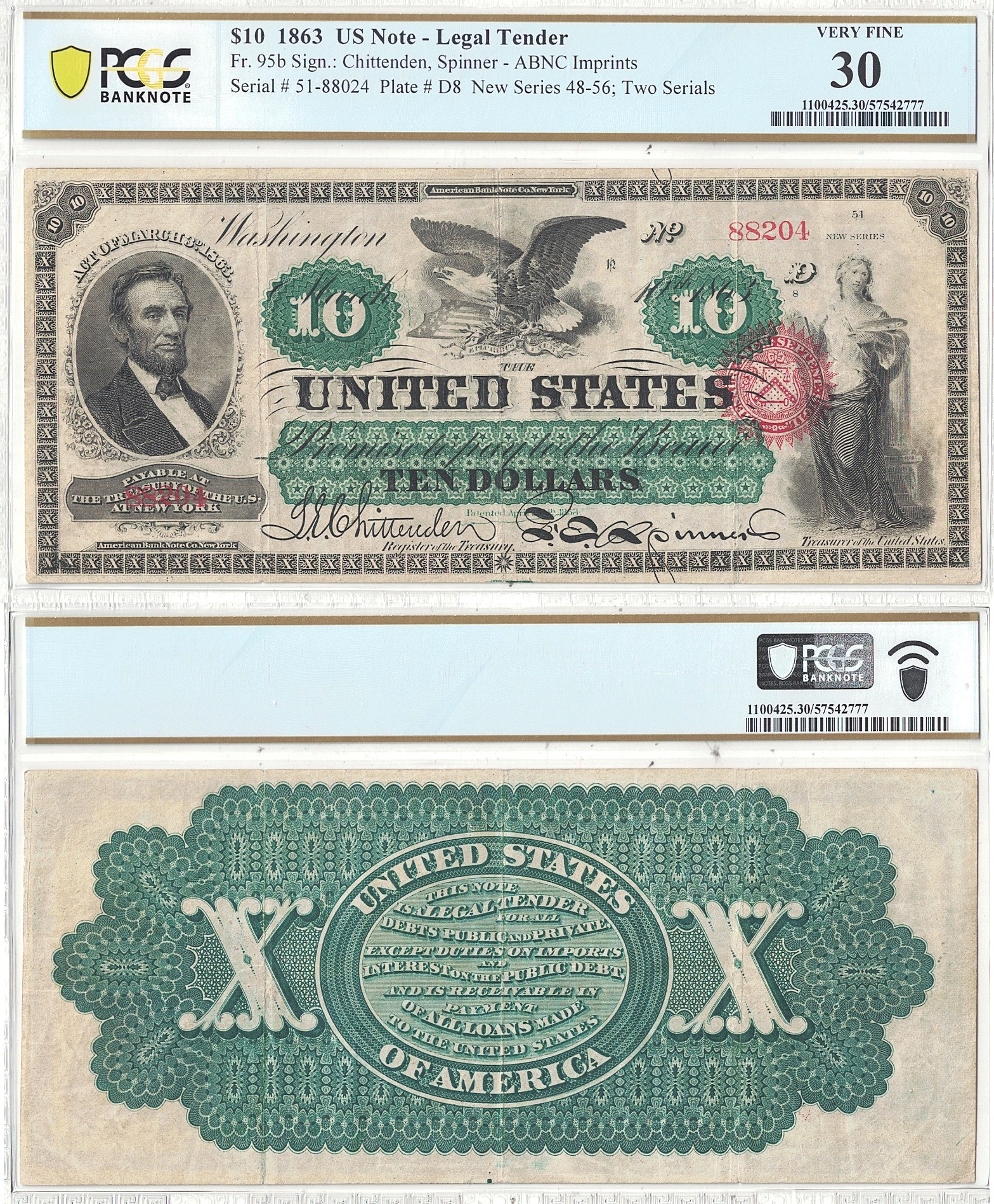 1863 $10 Legal Tender Note Fr-95b PCGS VF-30