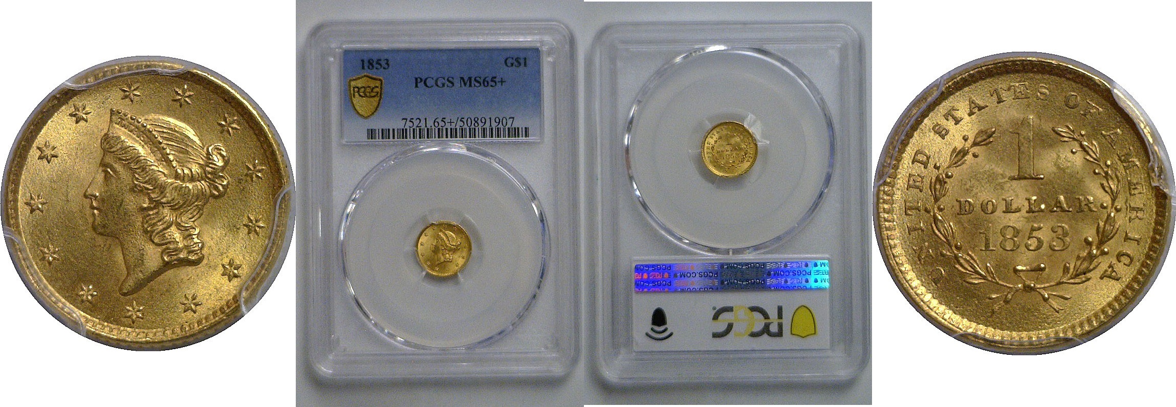 1853 One Dollar Gold Coin    PCGS MS-65+