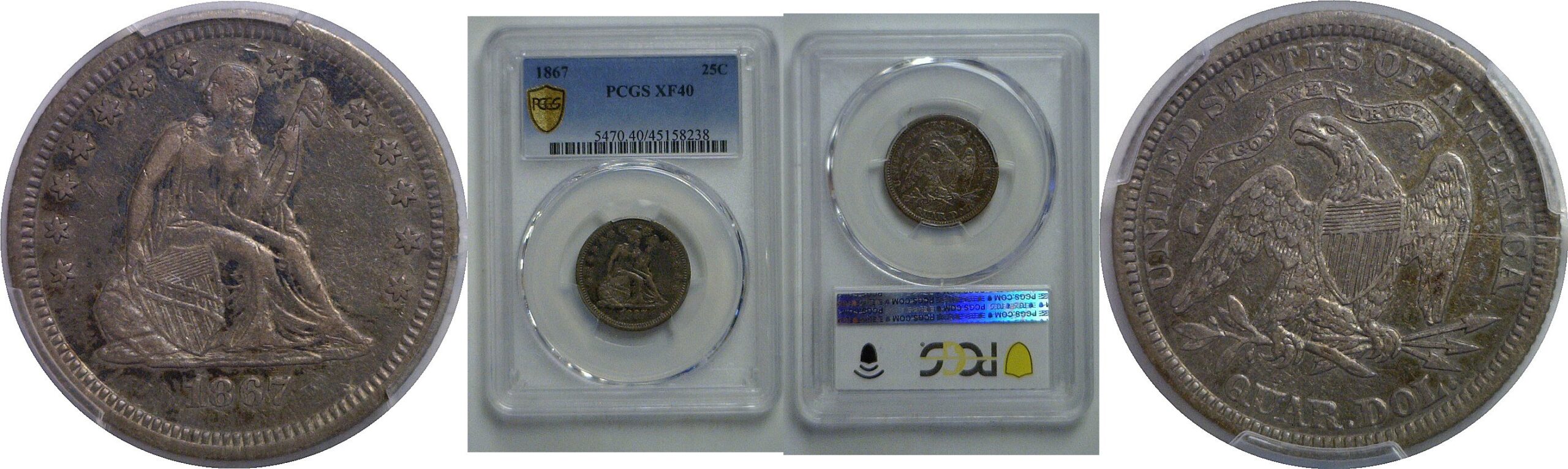 1867 Seated Liberty Quarter   PCGS XF-40