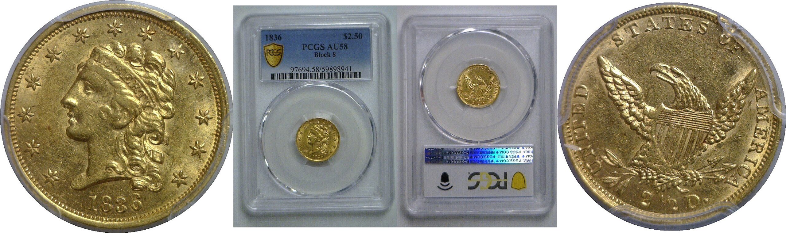1836 $2 1/2 Classic    PCGS AU-58