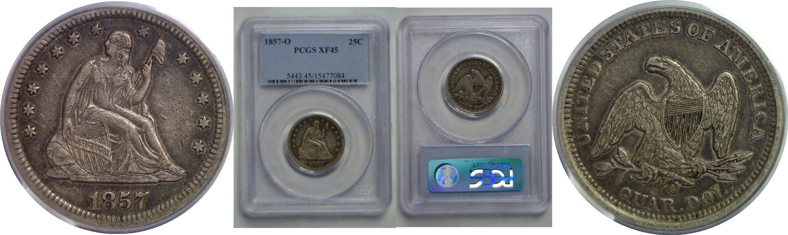 1857-O Seated Liberty Quarter   PCGS XF-45