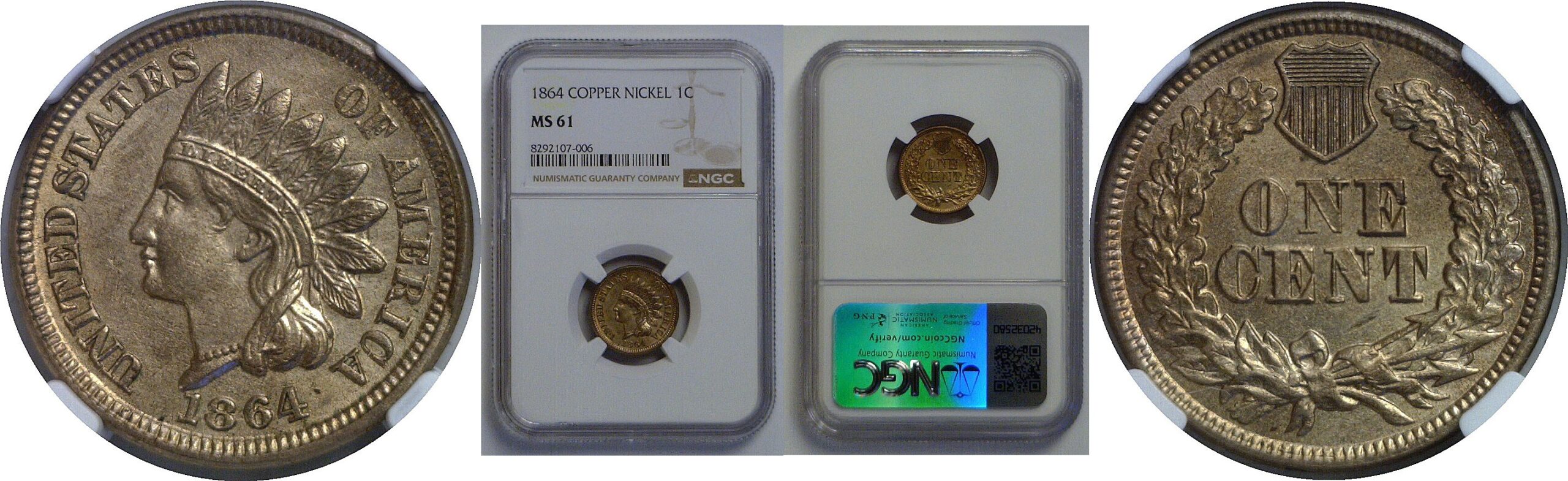 1864 Copper-Nickel  Indian Head Cent    NGC MS-61