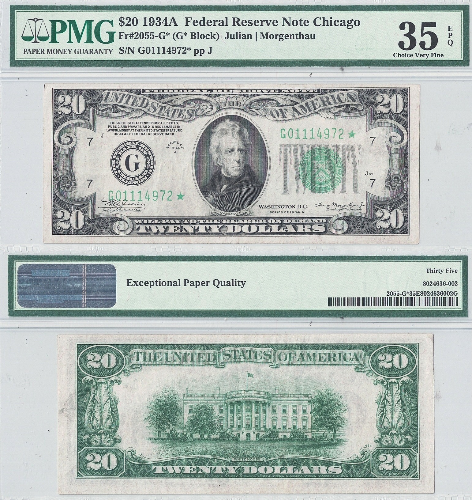 1934-A $20 Federal Reserve Star Note Fr-2055-G* PMG VF-35 EPQ