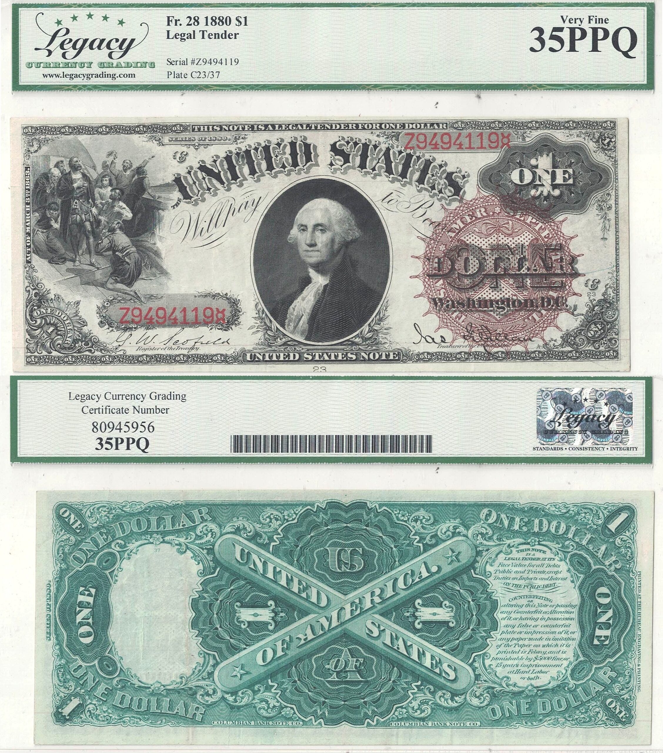 1880 $1 Legal Tender Note Fr-28 Legacy VF-35 PPQ