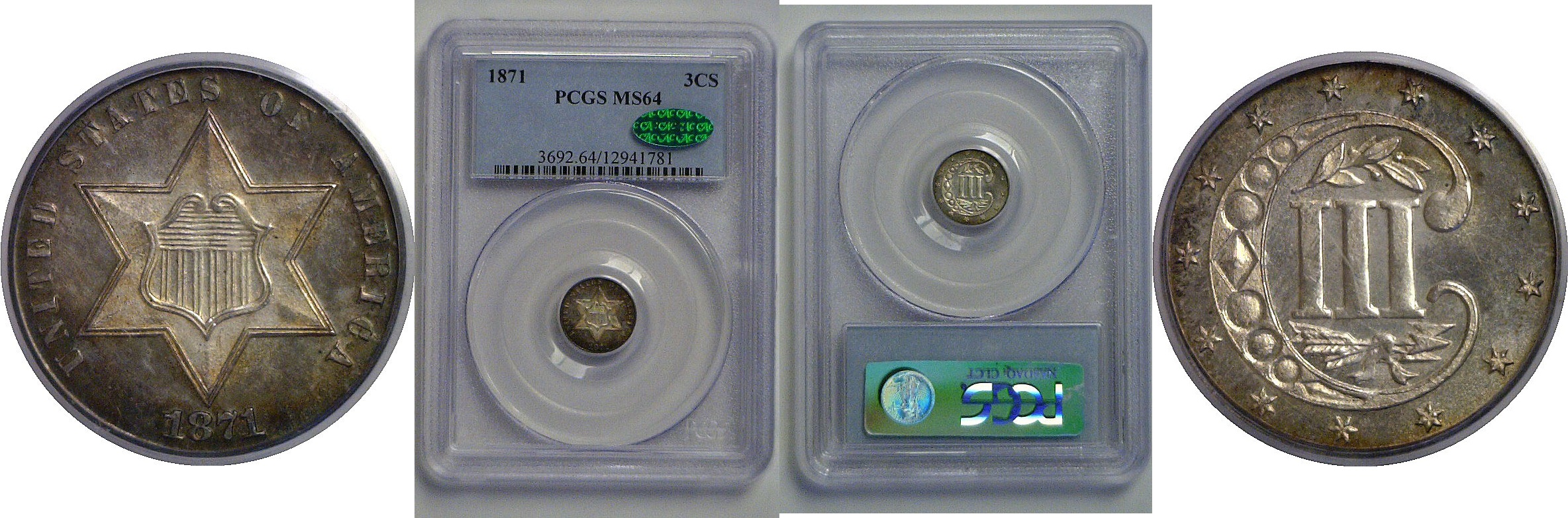 1871 Silver Three Cent   PCGS MS-64 CAC