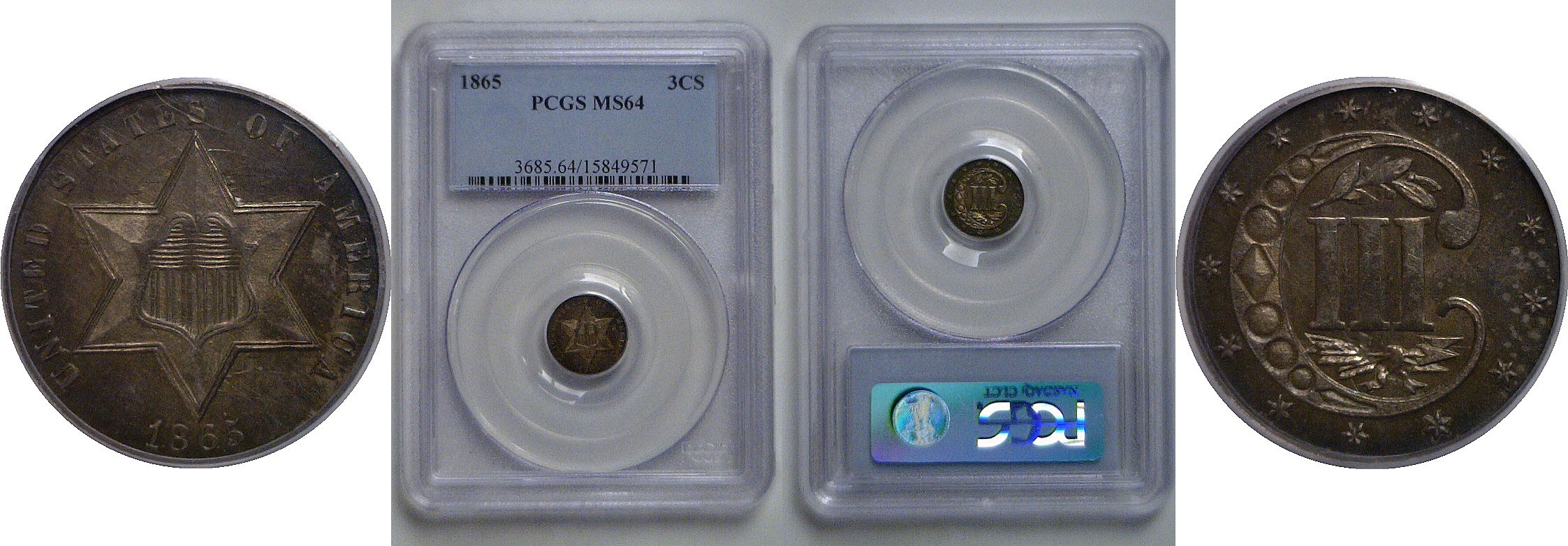 1865 Silver Three Cent    PCGS MS-64