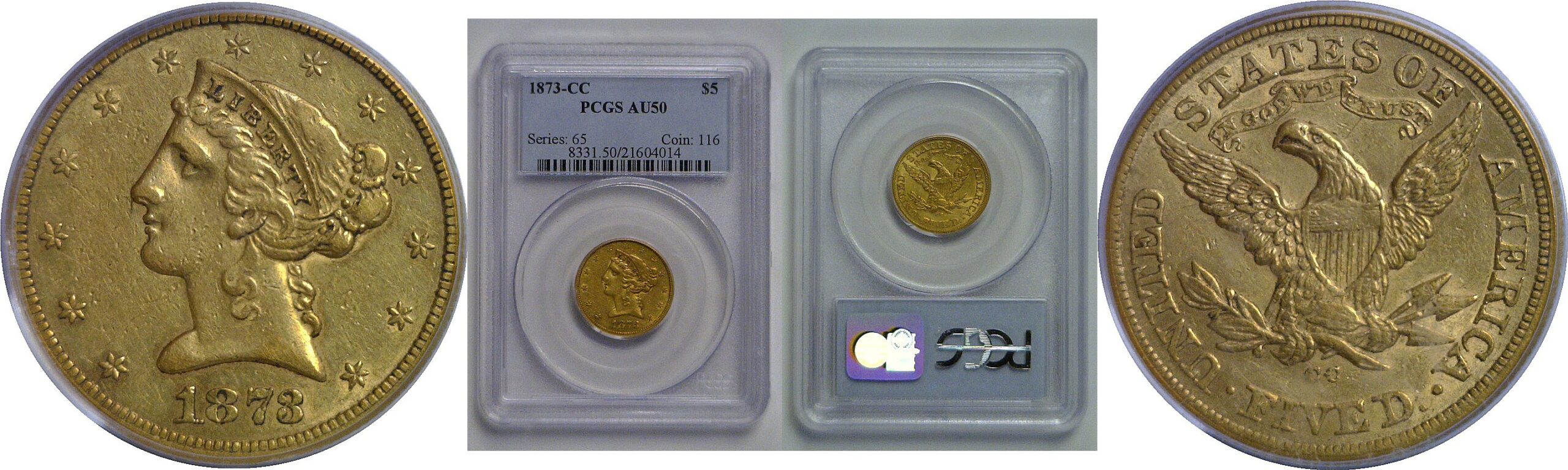 1873-CC  $5 Liberty    PCGS AU-50