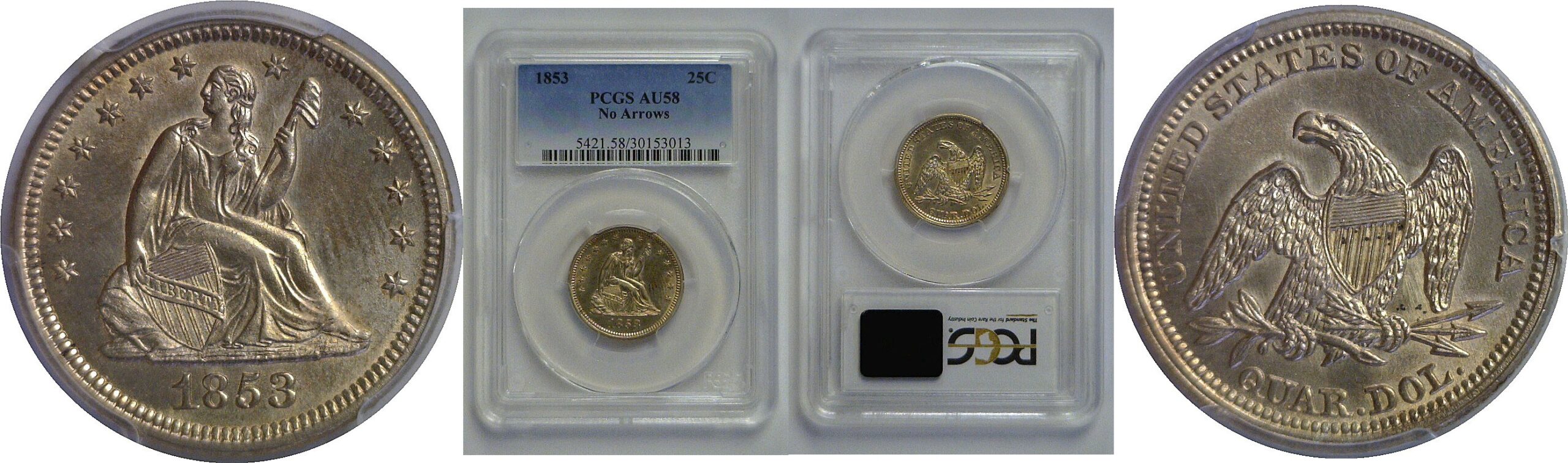 1853 No Arrows   Seated Liberty Quarter   PCGS AU-58