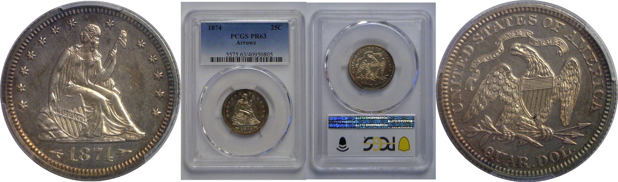 1874 Arrows  Seated Liberty Quarter   PCGS PR-63