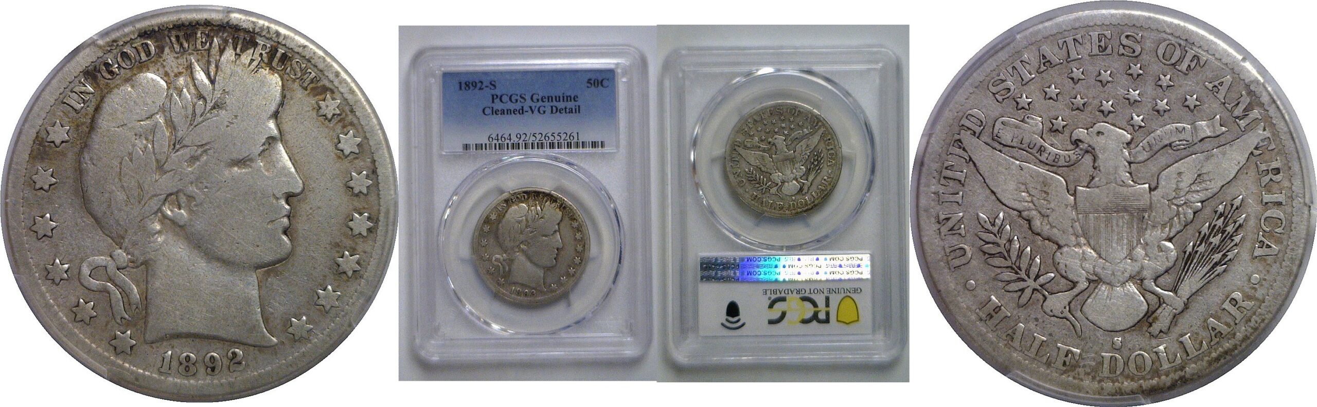 1892-S Barber Half Dollar   PCGS Cleaned-VG Detail