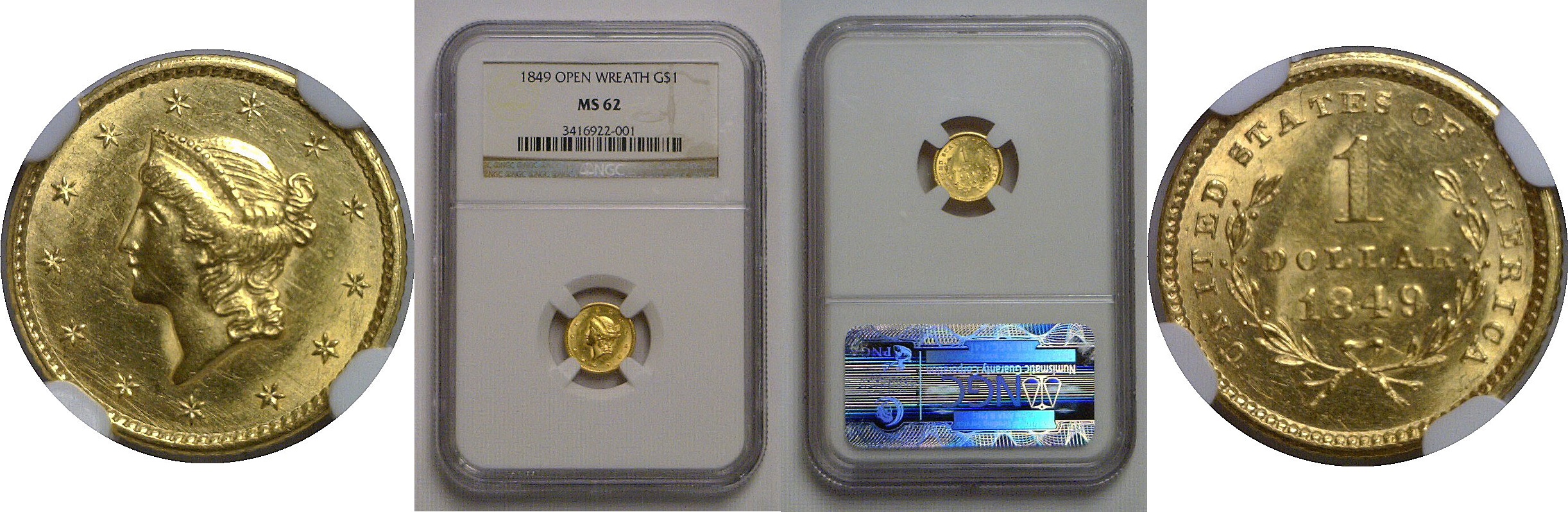 1849 One Dollar Gold Coin   NGC MS-62