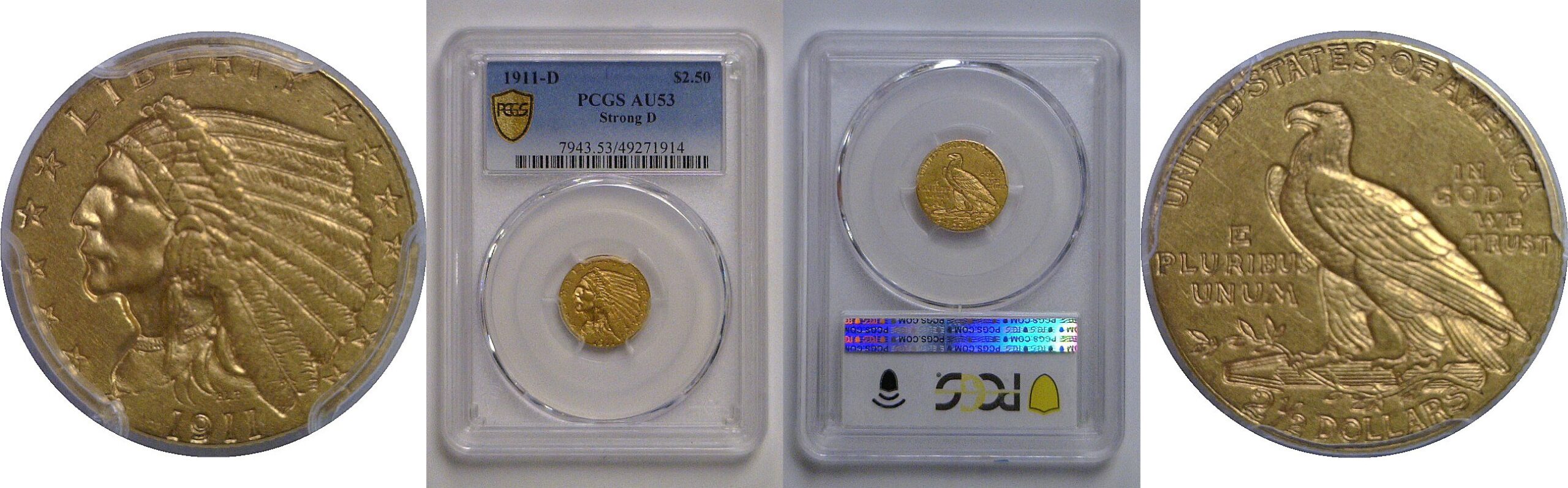 1911-D $2 1/2 Indian    PCGS AU-53