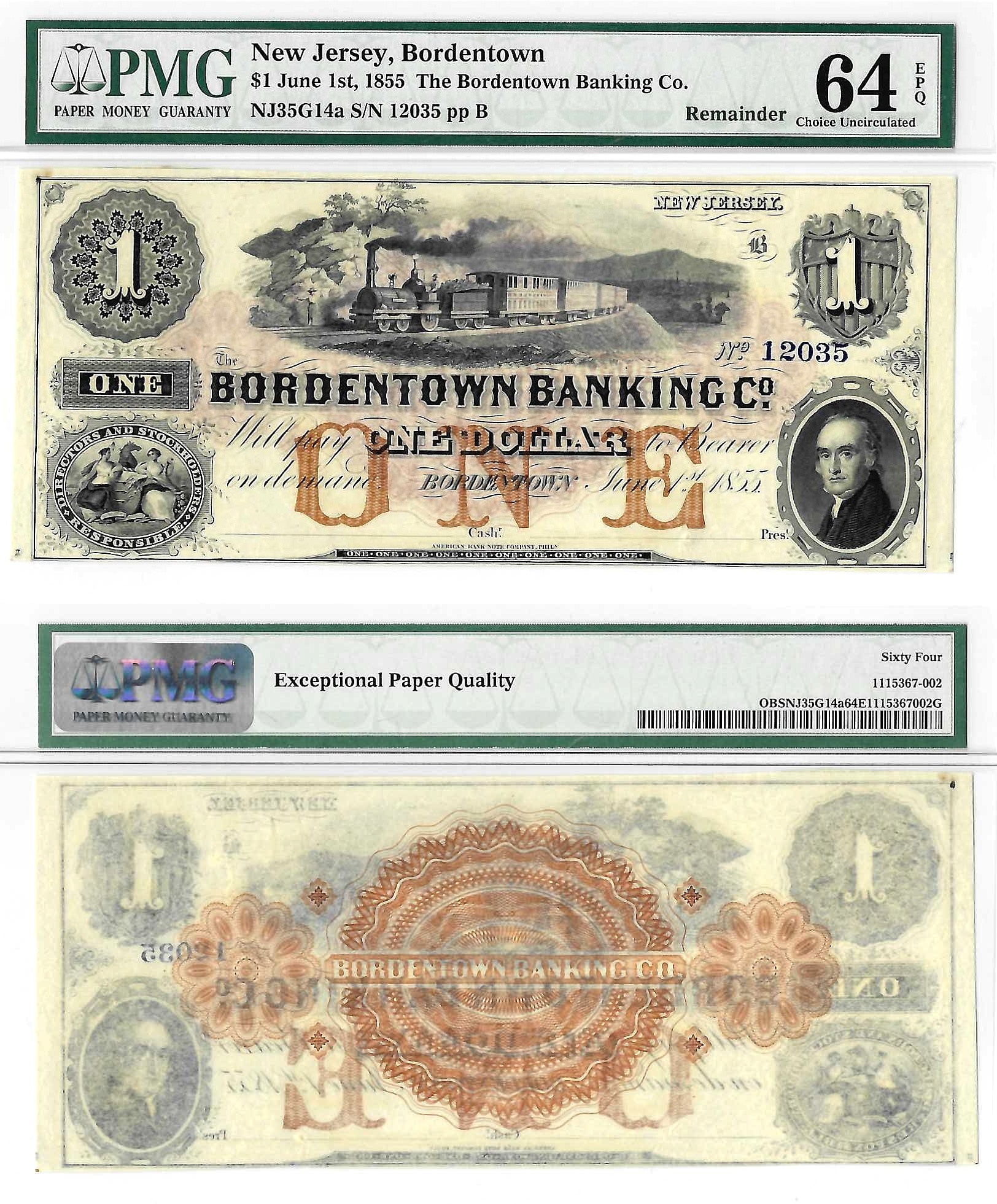 1855 $1 Obsolete Bordentown, New Jersey PMG Choice CU-64 EPQ