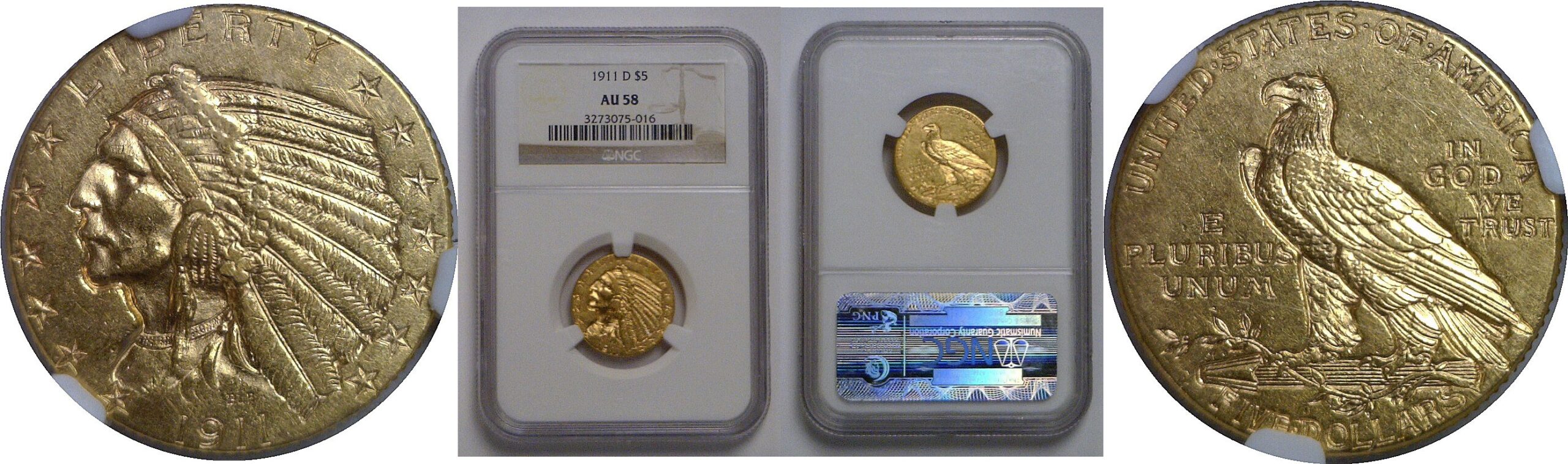 1911-D $5 Indian   NGC AU-58