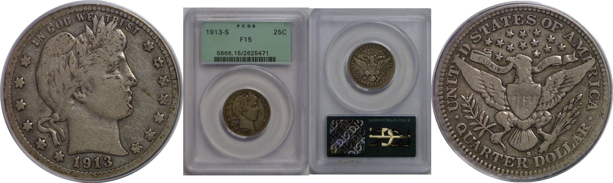 1913-S  Barber Quarter    PCGS F-15