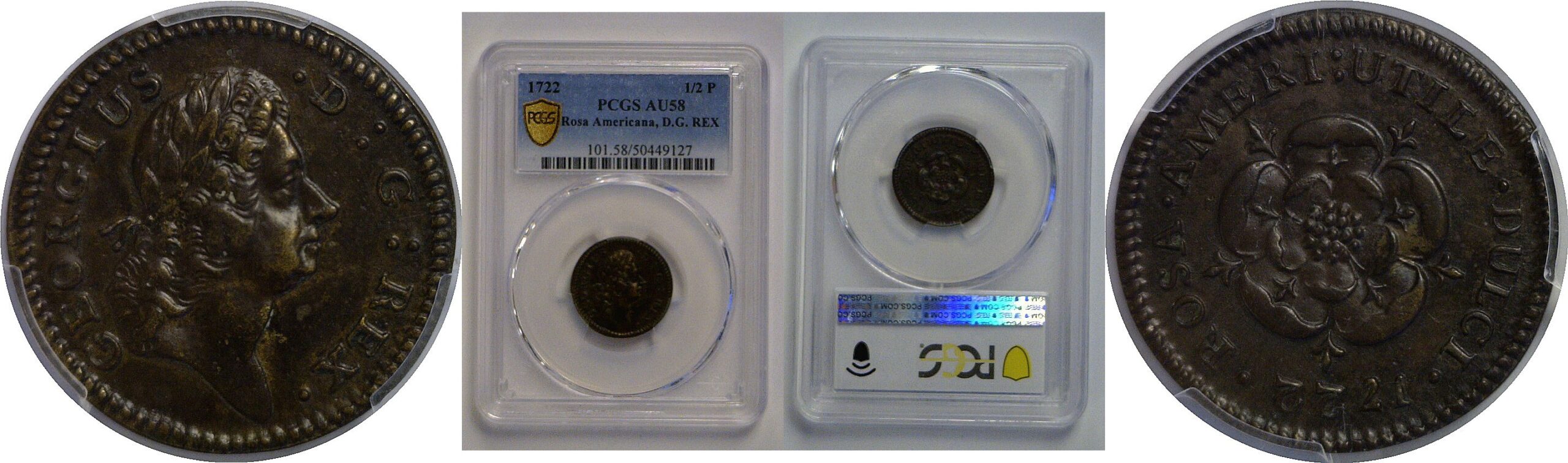 1722 Rosa Americana Halfpenny, D.G. REX   PCGS AU-58