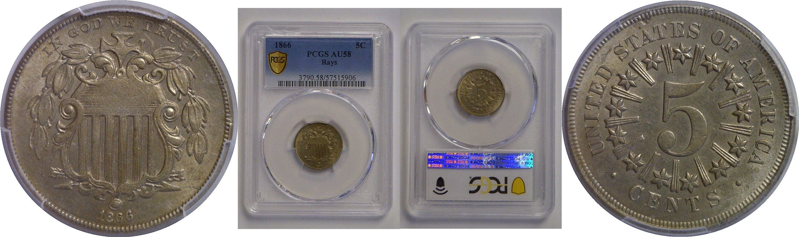 1866 Shield Nickel   PCGS AU-58