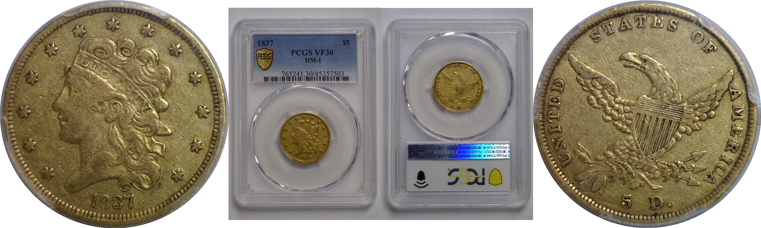 1837 $5 Classic   PCGS VF-30