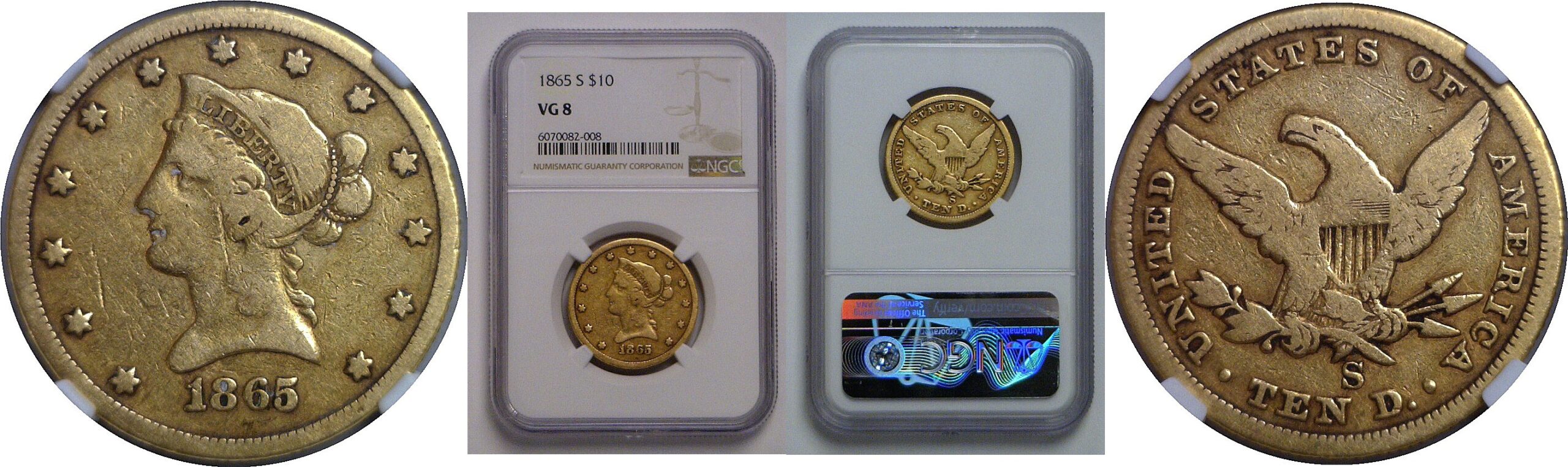 1865-S $10 Liberty   NGC VG-8