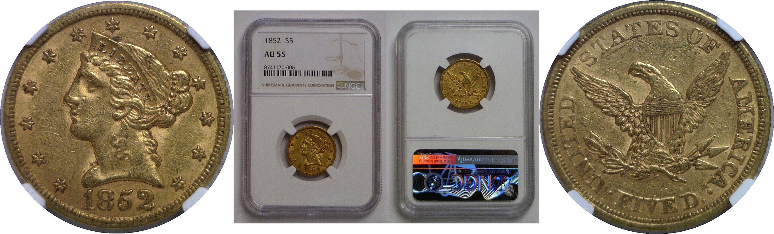 1852 $5 Liberty   NGC AU-55