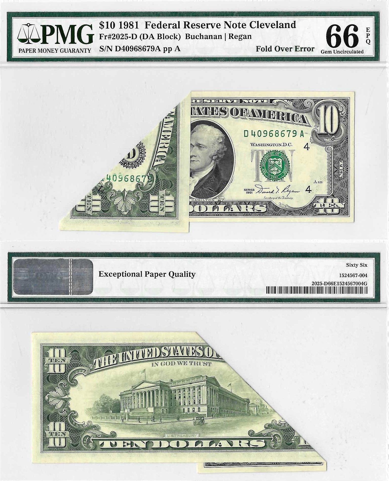 1981 $10 Federal Reserve Note Fold Over Error PMG Gem CU-66 EPQ
